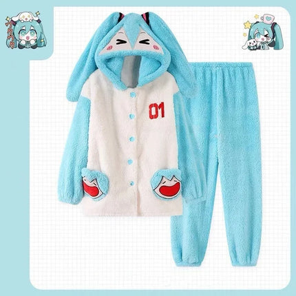 Hatsune Miku Cartoon Animation Peripherals Cute Coral Velvet Long-Sleeved Hooded Pajamas Winter Thickened Warm Home and Outing Set