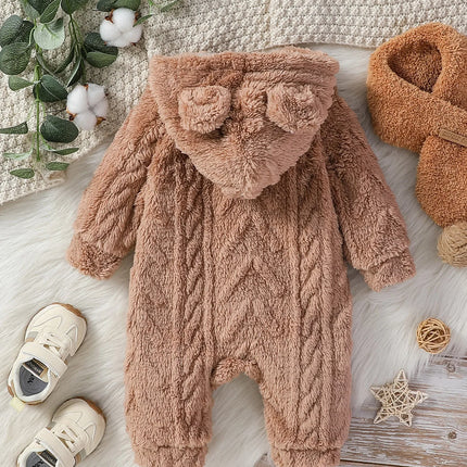 Baby Boys Cute Winter 2024 Long Sleeve Hooded Fashion Plush Jumpsuit For Streetwear Warm Clothes