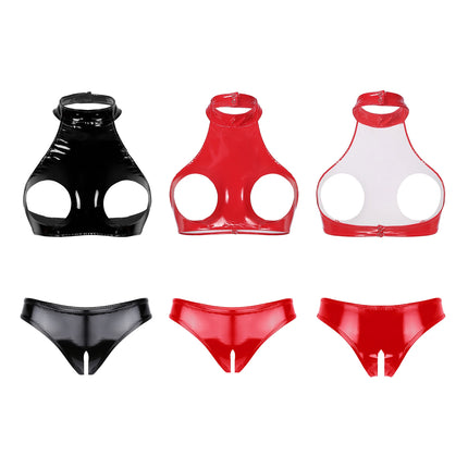 Underwear Set 2 Piece Sexy Women Hollow Crotch Open Bust Latex Leather Bra And Thong Exotic Adult Club Clothing Lingerie Outfits