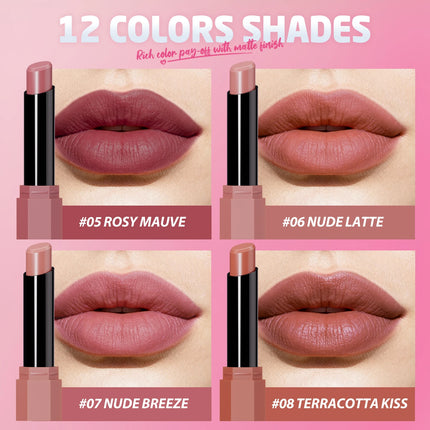 Peach Nude Velvet Matte Lipstick 12 Color Waterproof Lipstick Pencil Long-Lasting Highly-Pigment Rose Wood Lip Stain Tint Makeup