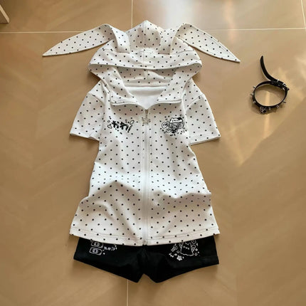 Japanese Vintage Rabbit Ears Hoodie Long Sleeve Polka Dot Print Y2k Retro Slim Zipper Patchwork Sweatshirt Women Sweet Cartoon