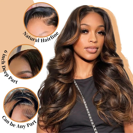 13x6 Lace Frontal Human Hair Wigs 1B/30 Highlight Ombre Black Brown Colored Preplucked 30Inch Body Wave Lace Front Wig For Women