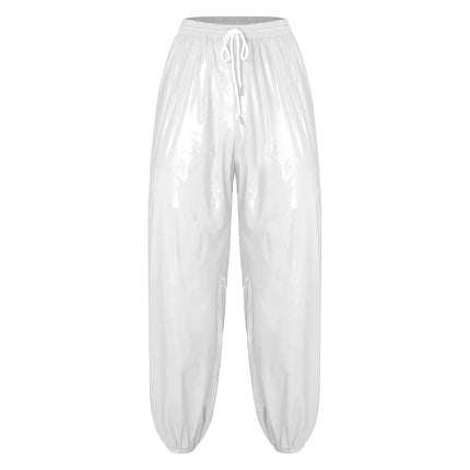 Mens Shiny Waterproof Jogging Pants Y2K Drawstring Waistband Side Pockets Trousers Track Baggy Glossy Pants Hip Hop Trousers