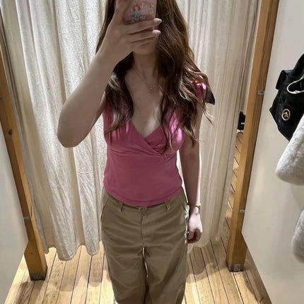 New Rose Red Slim Crop Top Woman Sexy V-neck Short Sleeve Cotton Cropped T-shirt Solid Casual Simple Sweet All-match Tee Tops