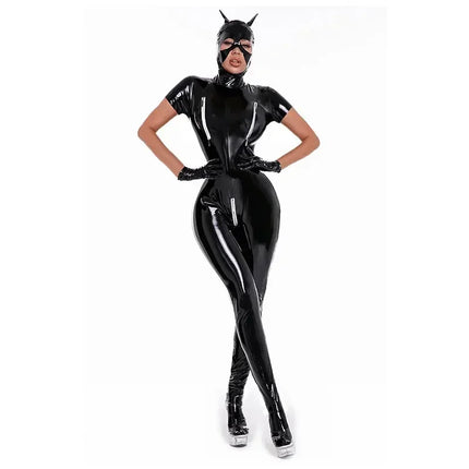 Sexy Hot Cat Woman Wetlook Faux Leather Catsuit PVC Latex Bodysuit Crotchless Breast Zipper Stretch Latex Jumpsuits
