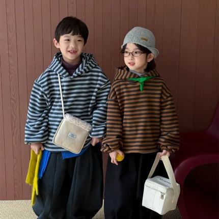Boys Hoodie 2025 Autumn Winter Korean Style Fashion Trendy Minimalist Versatile Loose Striped Long Sleeve Hooded Top