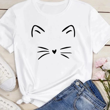 Pure Cotton Breathable Children's T-shirt 2026 Fun Cat Cartoon Print Fashionable Parent-child Outfit Men's and Women's Top