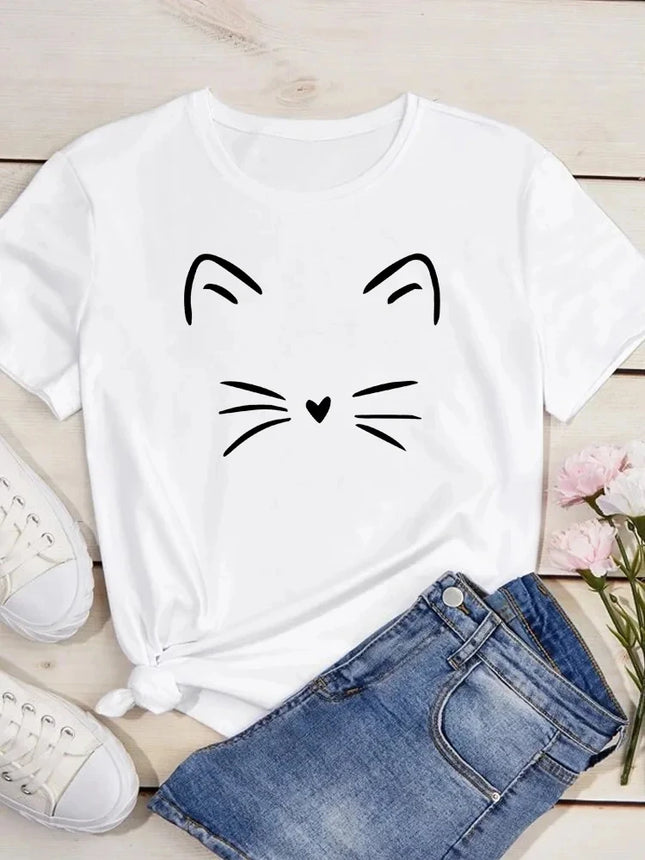 Pure Cotton Breathable Children's T-shirt 2026 Fun Cat Cartoon Print Fashionable Parent-child Outfit Men's and Women's Top