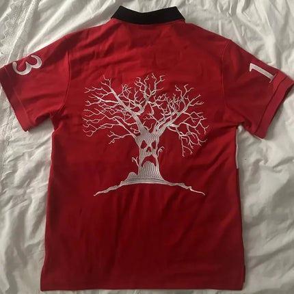 Haunted Mound Embroidered Red Polo Shirt Y2K Tshirt HipHop Retro Pumpkin Head Letter Embroidered Oversized Short Sleeve Top New