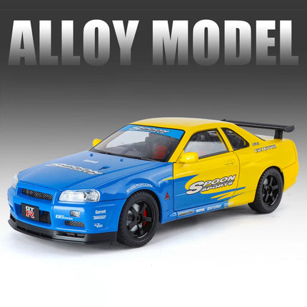 1/18 Skyline GTR R34 Modified Car Alloy Car Model Sound and Light Pull Back Children's Toy Collectibles Birthday gift