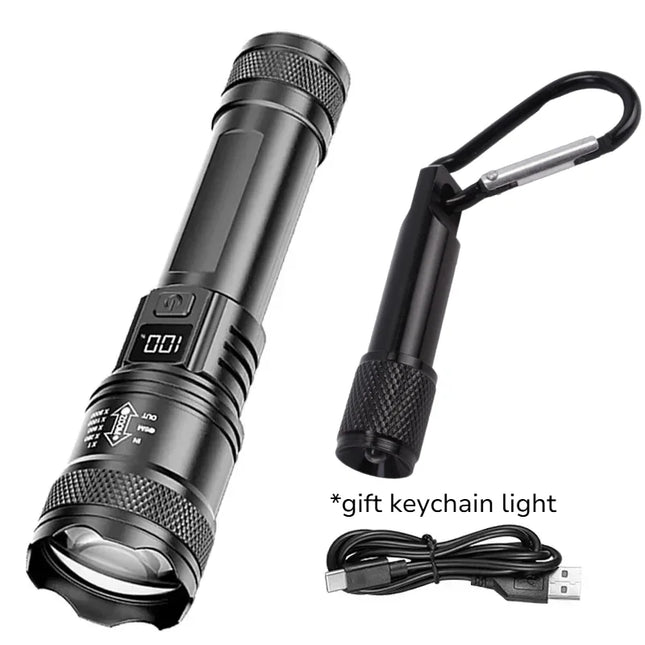 Rechargeable LED Flashlight Zoomable Torch with LCD Display 3 Modes Waterproof High Power Hand Light Outdoor Wilderness Camping
