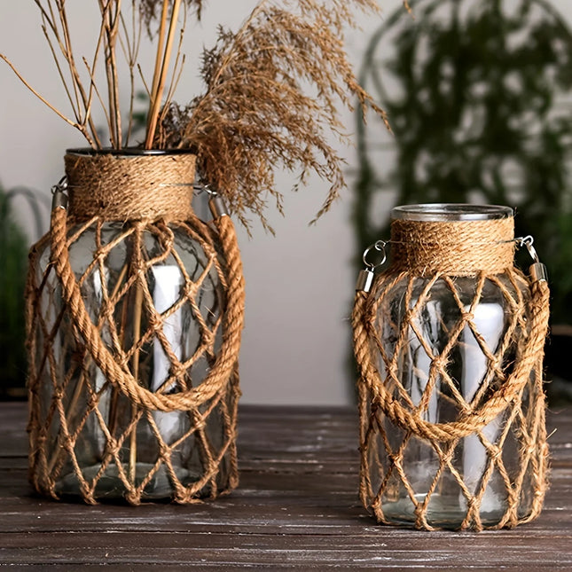 1 Piece Bohemian Vintage Creative Handwoven Mesh Pocket Clear Glass Vase, Portable Floral Hydroponic Vase Decorative Ornament