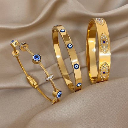 New Turkish Evil Eyes Rhinestones Stainless Steel Cuff Bracelet Bangle For Women Fashion Gold-plated Waterproof Charms Jewelry