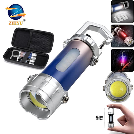 Mini Rechargeable COB Flashlight Red and Blue Light Torch Outdoor Portable Camping Hook Tent Lamp Handheld Keychain Flashlight