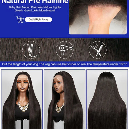40 Inch Bone Straight Human Hair Wig 13x4 13x6 HD Transparent Lace Wigs Brazilian Full Lace Frontal Wig For Women 300% Density