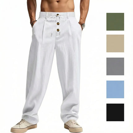 Men's Cotton Linen Long Pants Summer Solid Color Breathable Linen Trousers Male Casual Elastic Waist Casual Pants Harajuku Trous