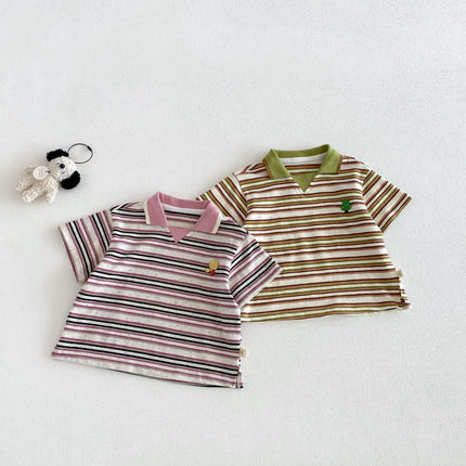 2026 Summer 6M-5Y Korean Style Childrens Clothes Contracting Color Stripe Girls Shirt Cartoon Embroidery Polo Shirt
