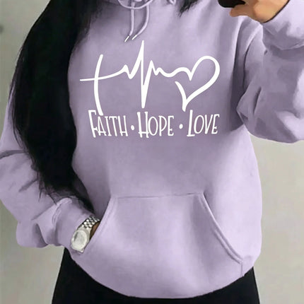 Fashion Faith Hope Love Letter Graphic Hoodies Women Loose Oversized Heart Pulse Print  Sweatshirt Black Daily Casual Hoody