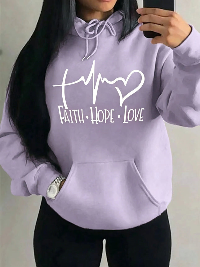 Fashion Faith Hope Love Letter Graphic Hoodies Women Loose Oversized Heart Pulse Print  Sweatshirt Black Daily Casual Hoody
