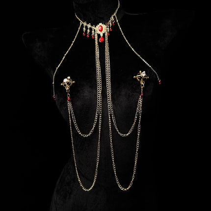 Red Gem Nipple Clamps Body Chain Integrated Sensual Body Restraint Sexy Accessories Breast Clips Bell Pendants Adult Sex Toy 18+