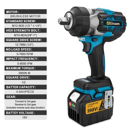 18V Brushless Impact Wrench 2800Nm / Clé à Chocs Brushless 18V