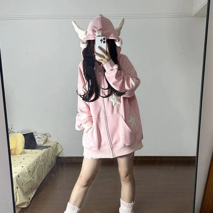 Japanese dopamine style cute star angel wing women's top autumn and winter loose hooded women's hoodie sweet style