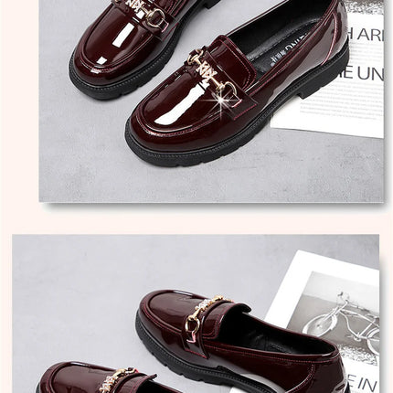 Women's Mary Jane Platform Shoes Round  Head Spring New Metal Chain Casual Soft Patent Leather Slip on Loafers