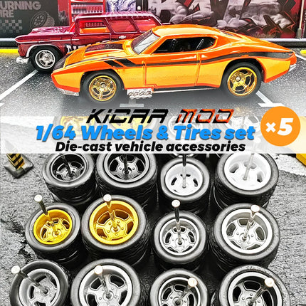 1/64 Front Small and Rear Big Wheels with Detachable Rubber Tires Circular Spoke Refitting Parts for Hotwheels Model Cars 5 Cars