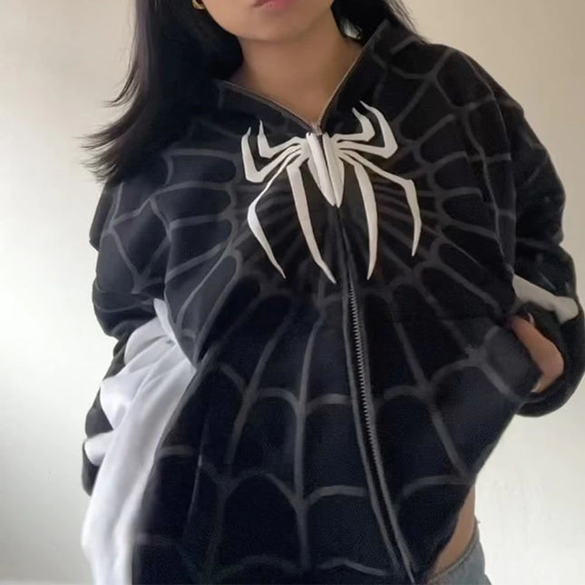 New Gothic Dark Spider Print Hooded Cardigan Full Chain Loose Male and Female Trendy Brand Sweater Coat Y2k Style