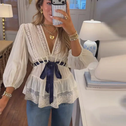 Elegant Lace Patchwork Women Shirt Half Sleeve V-Neck Lace Up Waist-Closed Lady Top 2026 Spring Summer Casual Female Streewear