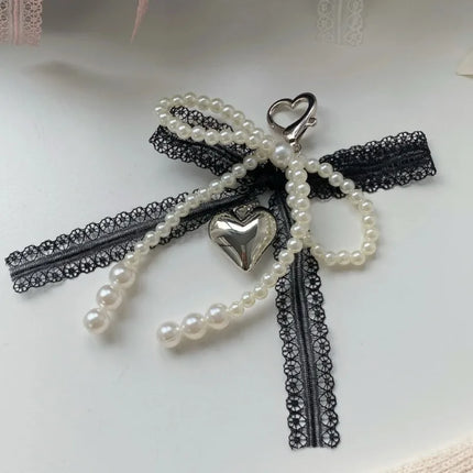 Imitation Pearls Lace Bowknot Keychain Sweet Beaded Pendant Keyring for Women Handbag and Backpack Key Chain Exquisite Ornament
