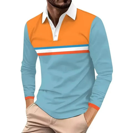 3D Printed Polo Shirt with Contrasting Colors, Simple and Fashionable Collar, Men's Top, Street Sports Long Sleeved Shirt