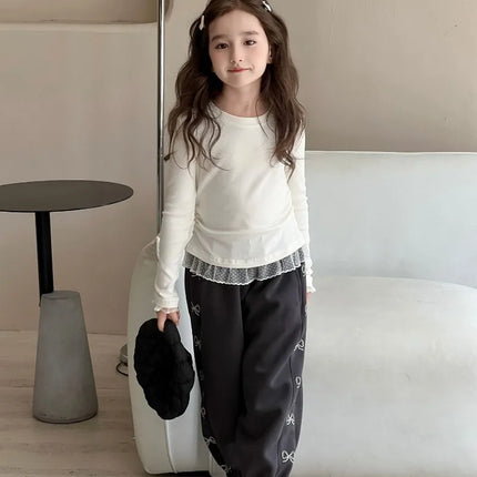 Girls Lace T-shirt 2024 Autumn New Slim Fit Girl Top Children Stylish Versatile High Elasticity Knitted Sweater