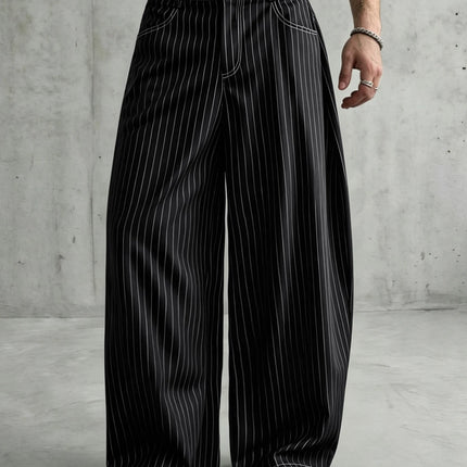 Vintage Pinstripe Mens Oversized Barrel Banana Wide Leg Trousers Anti-Wrinkle Baggy Loose Striped Pants Polyester Spandex Blend