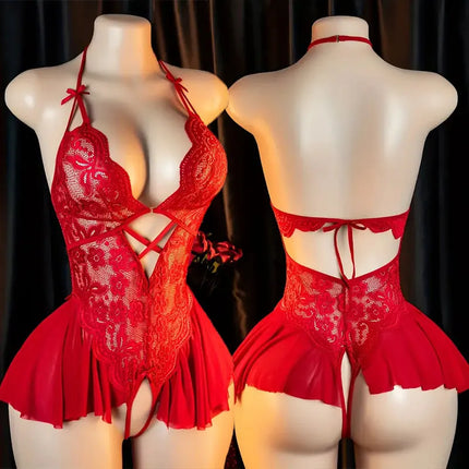 Pink Delicate Lingerie With Skirt Hem Front Buckle Bra And Panty Crotchless Set Women Drees Halter-neck Backless Sexy Underwear