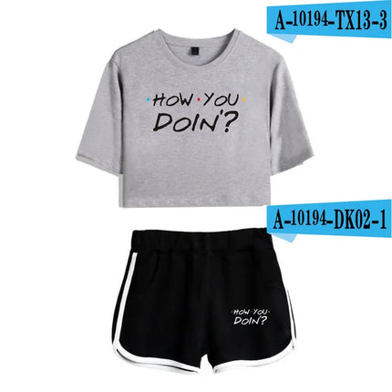 Fashion Youthful Trendy Show I'll Be There for You Short Sleeve Shorts+lovely T-shirts Dew navel Girl suits Two Piece Set