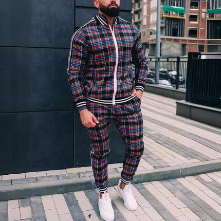 2025 Men Tracksuit 2pc Set Gym Hiking Plaid Zipper Hoodie Cargo Pants Autumn Athleisure Outfit Fleece Jogger Sportswear