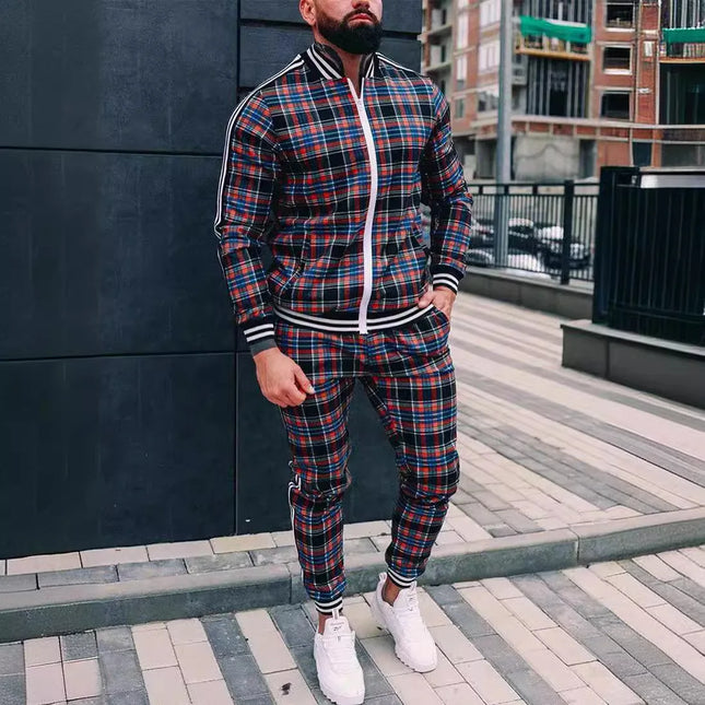 2025 Men Tracksuit 2pc Set Gym Hiking Plaid Zipper Hoodie Cargo Pants Autumn Athleisure Outfit Fleece Jogger Sportswear