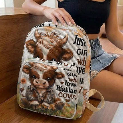 Highland Cow & Letter Print Allover Women Fashion Backpack Corduroy Multi-pocket Large Capacity Commuter Bag