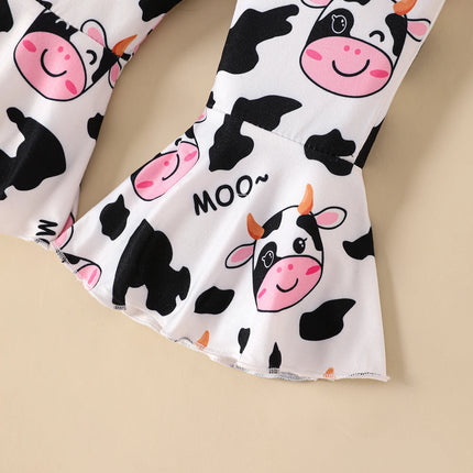 Baby Girl Pink Bodysuit, Cow-Print Flared Pants & Bow Headband Set