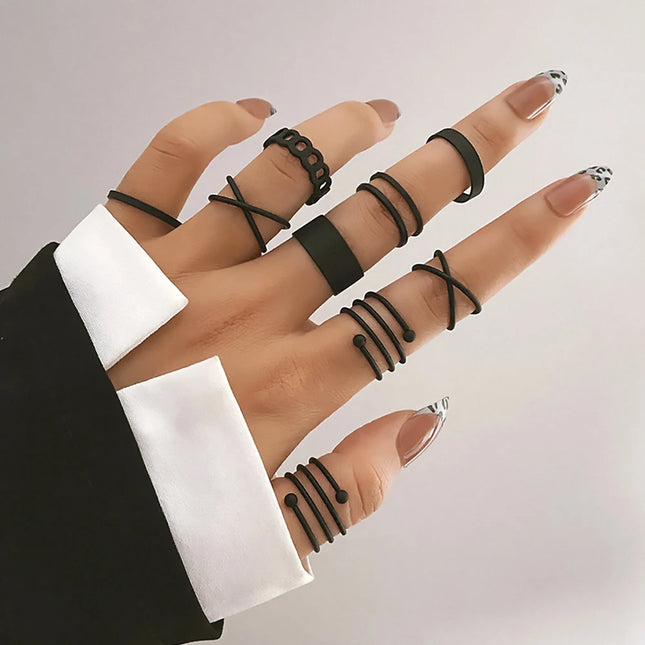 10Pcs Punk Simple Rings Set Silver Color Geometric Hollw Wide Ring Set Women's Vintage Joint Hiphop Finger Rings Jewelry