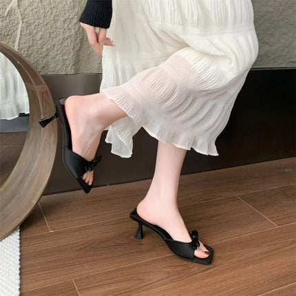 Designer Women Square Toe High Heel Slippers Fashion Butterfly-knot Dress Shoes Summer Stripper Mules Slides Zapatos De Mujer