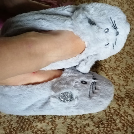Winter Warm Slipper Women Home Fuzzy Fur Contton Plush Non Slip Grip Indoor Fluffy Lazy Female Mouse Ears Embroidery Floor Shoe