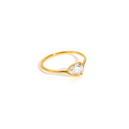 Minimalist Water Drop White Zircon Women Ring, Wave Drop Stainless Steel Ring, 18K Gold Plated Waterproof Luxury Jewelry
