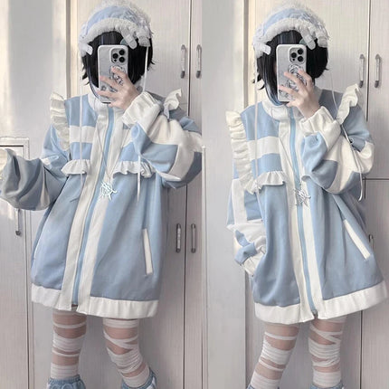 Women clothing Y2K Sweet stitch Subculture Patchwork Hoodies Women's Autumn Winter Ruffled Hoodie with Fleece Loose Zipper shirt
