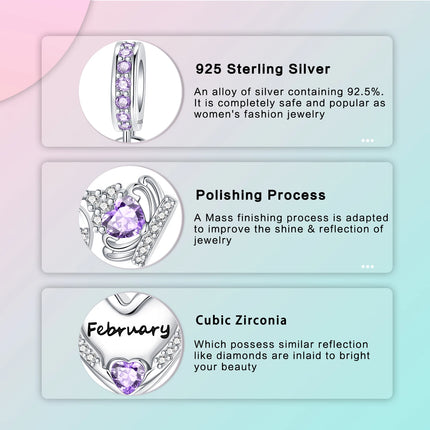 925 Sterling Silver January-December Birthday Stone Love Zircon Pendant Bead Fit Charms Necklace Bracelet Women Jewelry DIY Gift