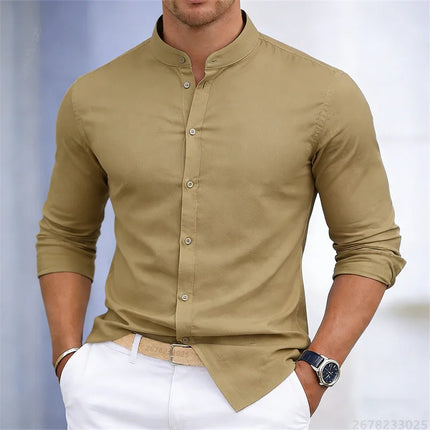 Men's stand-up collar white or black long-sleeved shirt, solid color shirt, slim fit business casual men's top, sizes XS-6XL.