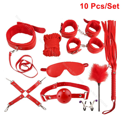 Beginner Friendly BDSM Bondage Set – 7 Pcs Cotton Rope Restraint Kit with Handcuffs Collar Gag Whip, Couples Adult Play Toy