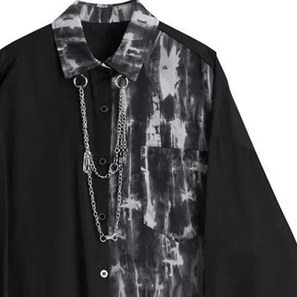 Spring Autumn New Fashion Turn-down Collar Long Sleeve Tie Dye Blouse Men's Clothing Patchwork Chain Button Korean Trend Shirts