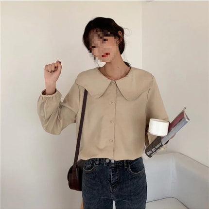 Casual Base Layer Top Autumn Collection Fresh Korean Style Doll Collar New Model Long Sleeve Shirt Women's Top